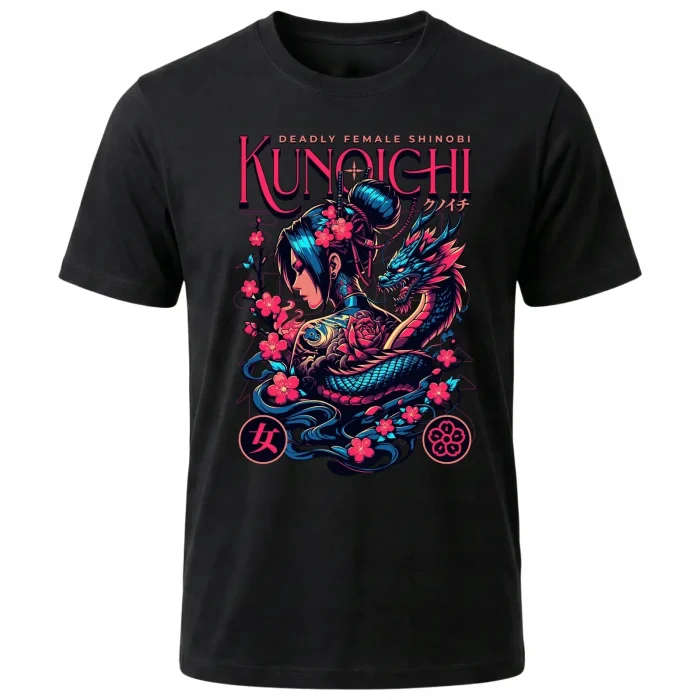Koszulka Tshirt czarna 100% Bawełna Japonia Tokyo Kunoichi Smok Sakura - obrazek 2