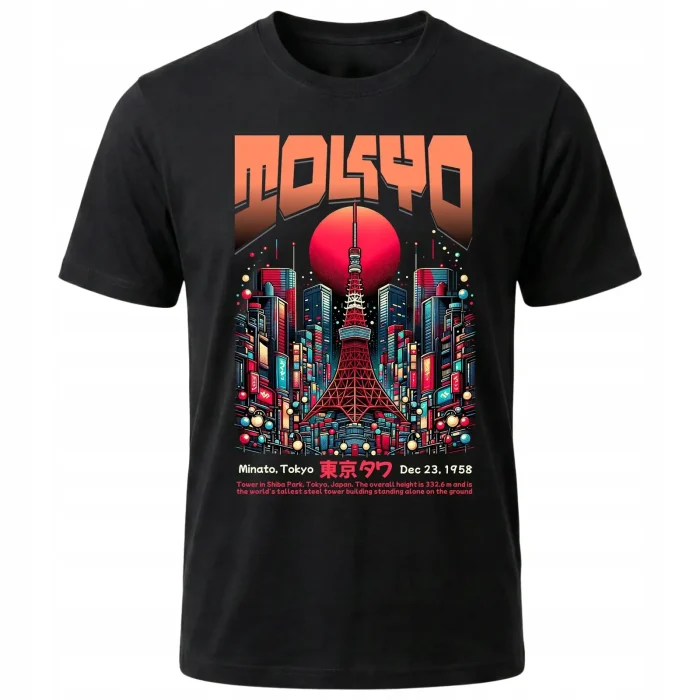 Koszulka Tshirt czarna 100% Bawełna Japonia Tokyo Japońskie Neony Miasto - obrazek 2