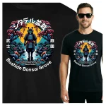 Koszulka Tshirt czarna 100% Bawełna Japonia Tokyo Samuraj Bonsai Ogród