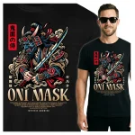Koszulka Tshirt czarna 100% Bawełna Japonia Tokyo Oni Maska Samuraj Katana