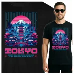 Koszulka Tshirt czarna 100% Bawełna Japonia Tokyo Cyberpunk Fudżi Neon