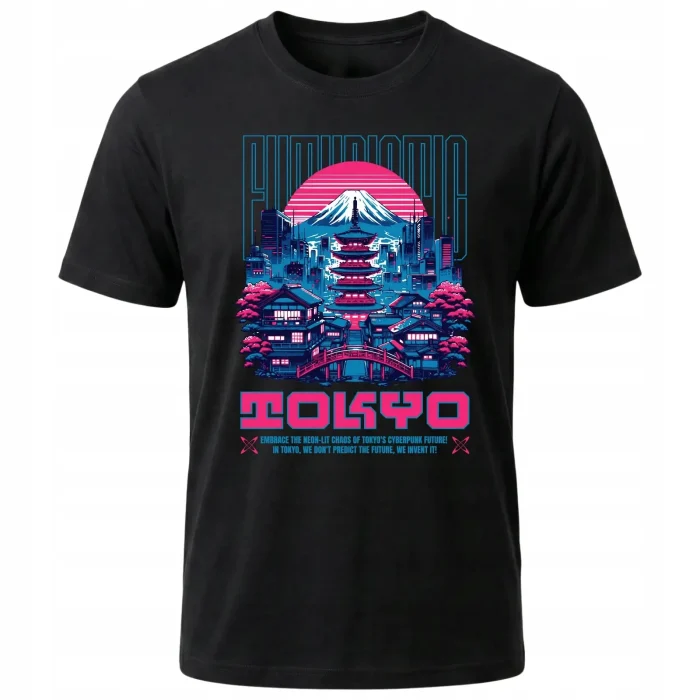 Koszulka Tshirt czarna 100% Bawełna Japonia Tokyo Cyberpunk Fudżi Neon - obrazek 2