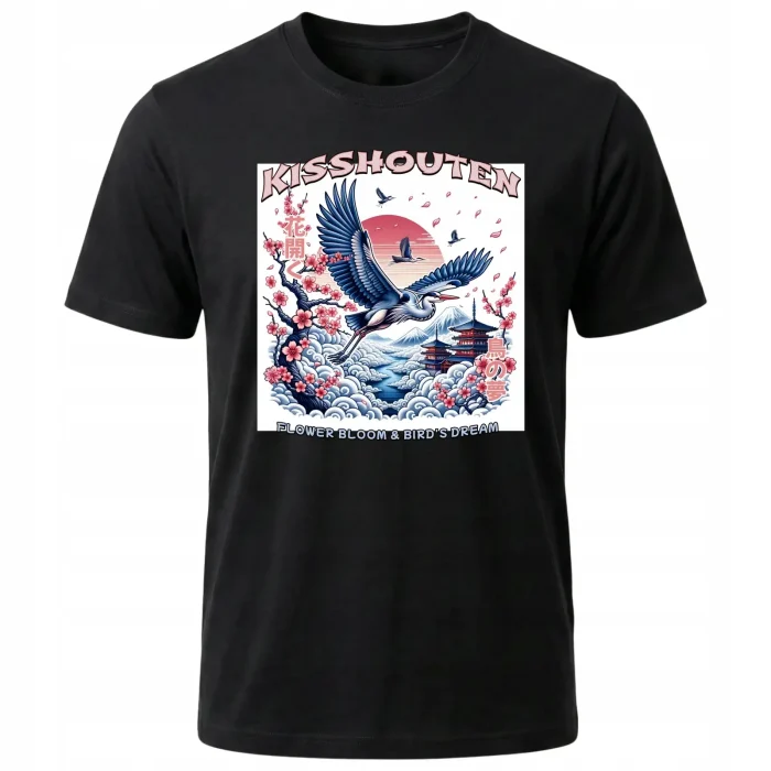 Koszulka Tshirt czarna 100% Bawełna Japonia Tokyo Ptak Sakura - obrazek 2