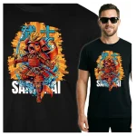 Koszulka Tshirt czarna 100% Bawełna Japonia Tokyo Samurai Ryba Koi
