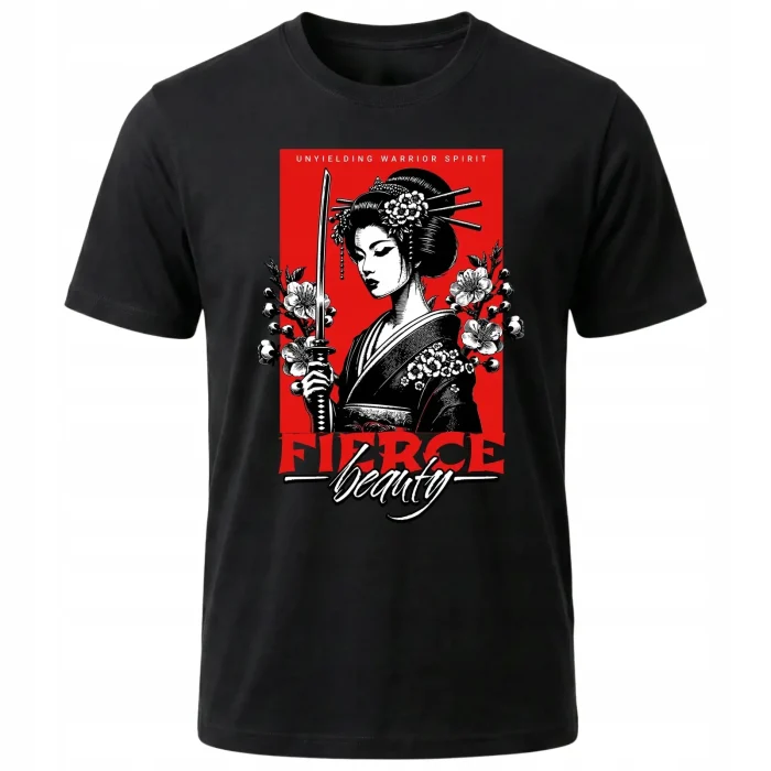 Koszulka Tshirt czarna 100% Bawełna Japonia Tokyo Gejsza Wojowniczka Katana - obrazek 2