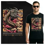 Koszulka Tshirt czarna 100% Bawełna Japonia Tokyo Smok Złoty Azjatycki Wzór