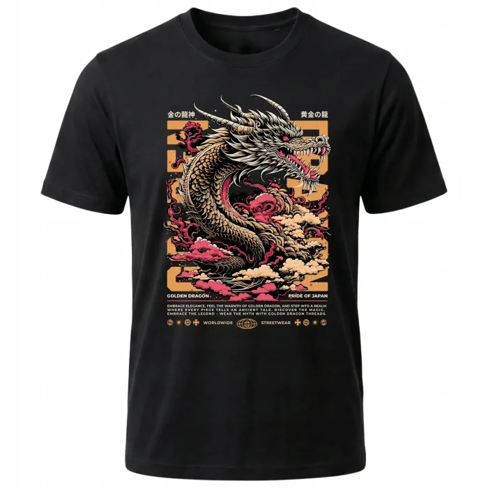 Koszulka Tshirt czarna 100% Bawełna Japonia Tokyo Smok Złoty Azjatycki Wzór - obrazek 2