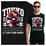 Koszulka Tshirt czarna 100% Bawełna Japonia Tokyo Koi Ryba Japoński styl