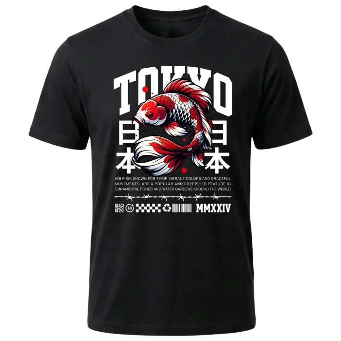Koszulka Tshirt czarna 100% Bawełna Japonia Tokyo Koi Ryba Japoński styl - obrazek 2