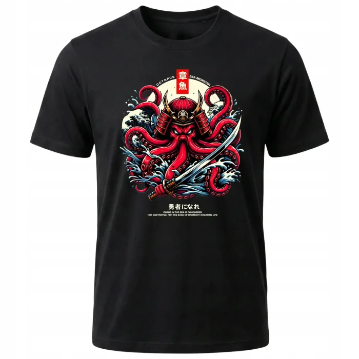 Koszulka Tshirt czarna 100% Bawełna Japonia Tokyo Samurai Ośmiornica - obrazek 2