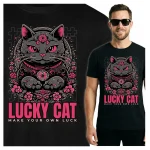 Koszulka Tshirt czarna 100% Bawełna Japonia Tokyo Lucky Cat Kot Maneki-neko