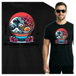 Koszulka Tshirt czarna 100% Bawełna Japonia Tokyo Ramen Tsunami Sakura