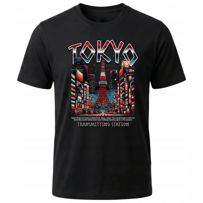 Koszulka Tshirt czarna 100% Bawełna Japonia Tokyo Wieża Nocne Miasto - obrazek 2