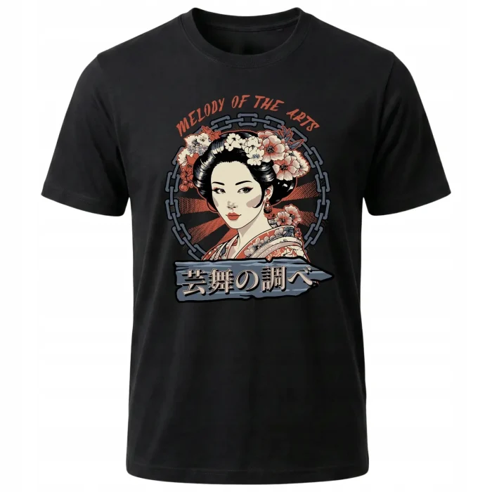 Koszulka Tshirt czarna 100% Bawełna Japonia Tokyo Geisha Kwiaty Kimono - obrazek 2