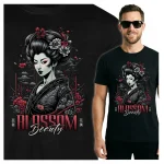 Koszulka Tshirt czarna 100% Bawełna Japonia Tokyo Gejsza Kimono Sakura