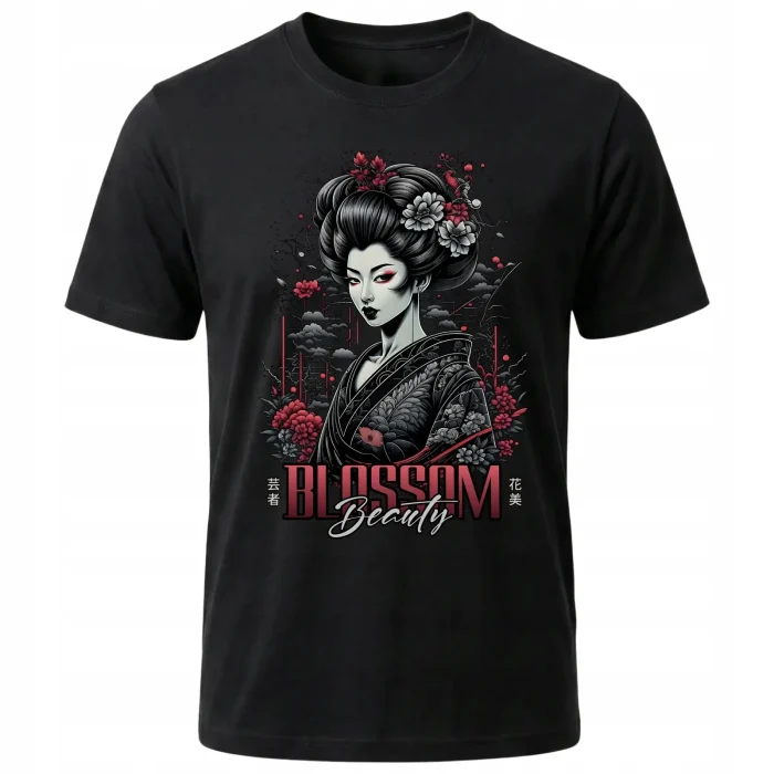 Koszulka Tshirt czarna 100% Bawełna Japonia Tokyo Gejsza Kimono Sakura - obrazek 2