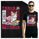 Koszulka Tshirt czarna 100% Bawełna Japonia Tokyo Kot Sakura Koi Japonia