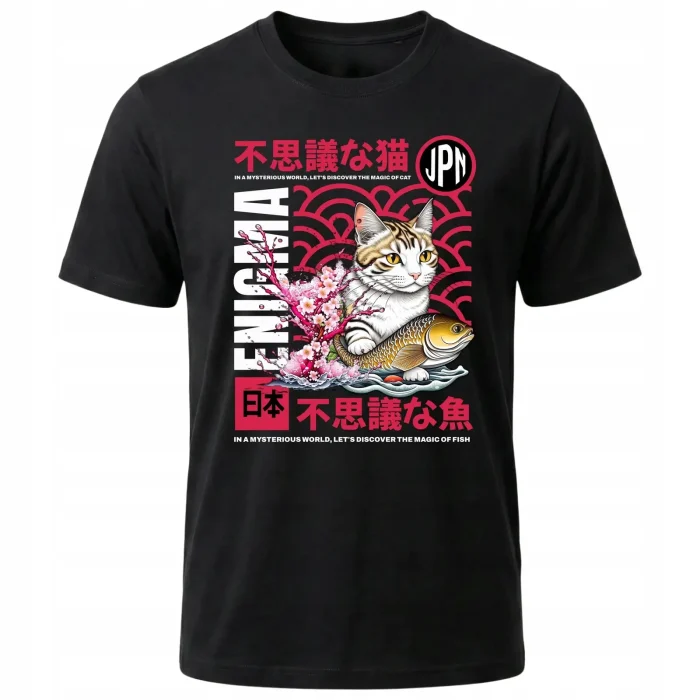 Koszulka Tshirt czarna 100% Bawełna Japonia Tokyo Kot Sakura Koi Japonia - obrazek 2