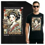 Koszulka Tshirt czarna 100% Bawełna Japonia Tokyo Geisha Kimono Kwiaty