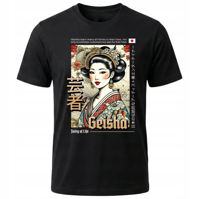 Koszulka Tshirt czarna 100% Bawełna Japonia Tokyo Geisha Kimono Kwiaty - obrazek 2