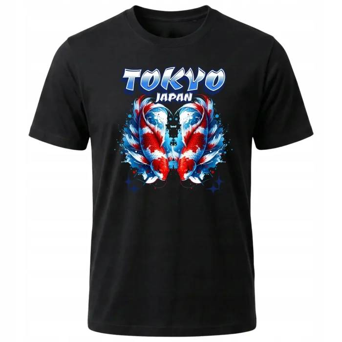 Koszulka Tshirt czarna 100% Bawełna Japonia Tokyo Koi Ryby Wzór - obrazek 2