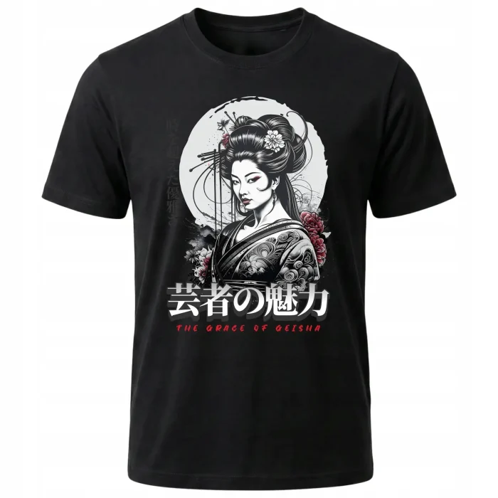 Koszulka Tshirt czarna 100% Bawełna Japonia Tokyo Gejsza Kimono - obrazek 2
