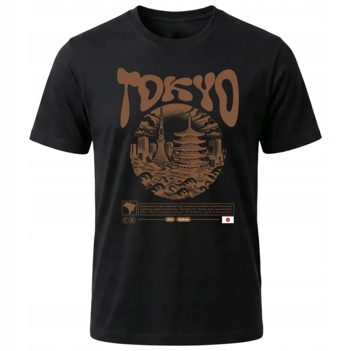 Koszulka Tshirt czarna 100% Bawełna Japonia Tokyo Wieża Pagoda Fale - obrazek 2