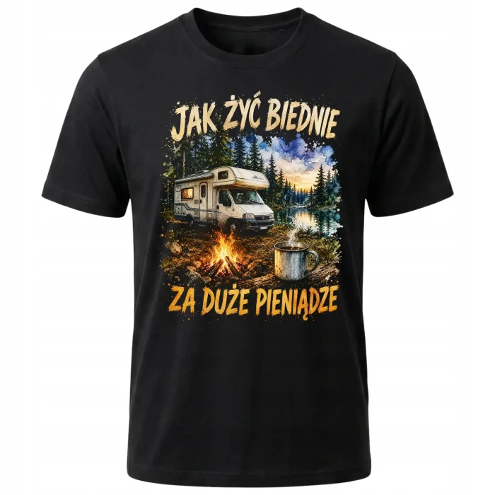 Koszulka czarna 100% bawełna Kamper Camping Podróże Las Jezioro Ognisko - obrazek 2