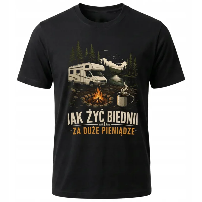 Koszulka czarna 100% bawełna Kamper Vanlife Kemping Ognisko Las Przygoda - obrazek 2