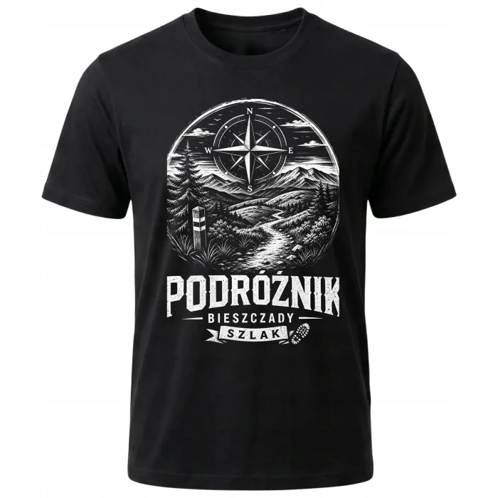 Koszulka czarna 100% bawełna Góry Szlak Podróżnik Kompas Bieszczady - obrazek 2