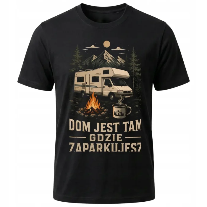 Koszulka czarna 100% bawełna Kamper Camping Podróże Góry Ognisko - obrazek 2