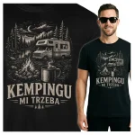 Koszulka czarna 100% bawełna kemping kamper las jezioro ognisko